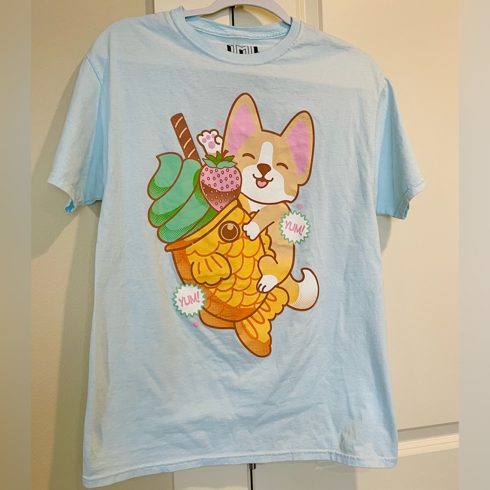 Unisex Corgi Ice Cream Graphic T-Shirt - Light Blue - Adult Medium NWT